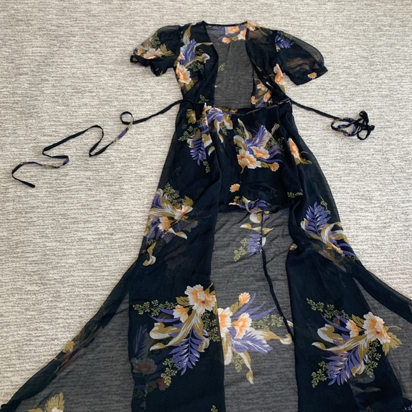 Urban Outfitters Sheer Floral Maxi Dress XS Black Lohi Puff Sleeve Whimsigoth - Picture 7 of 15